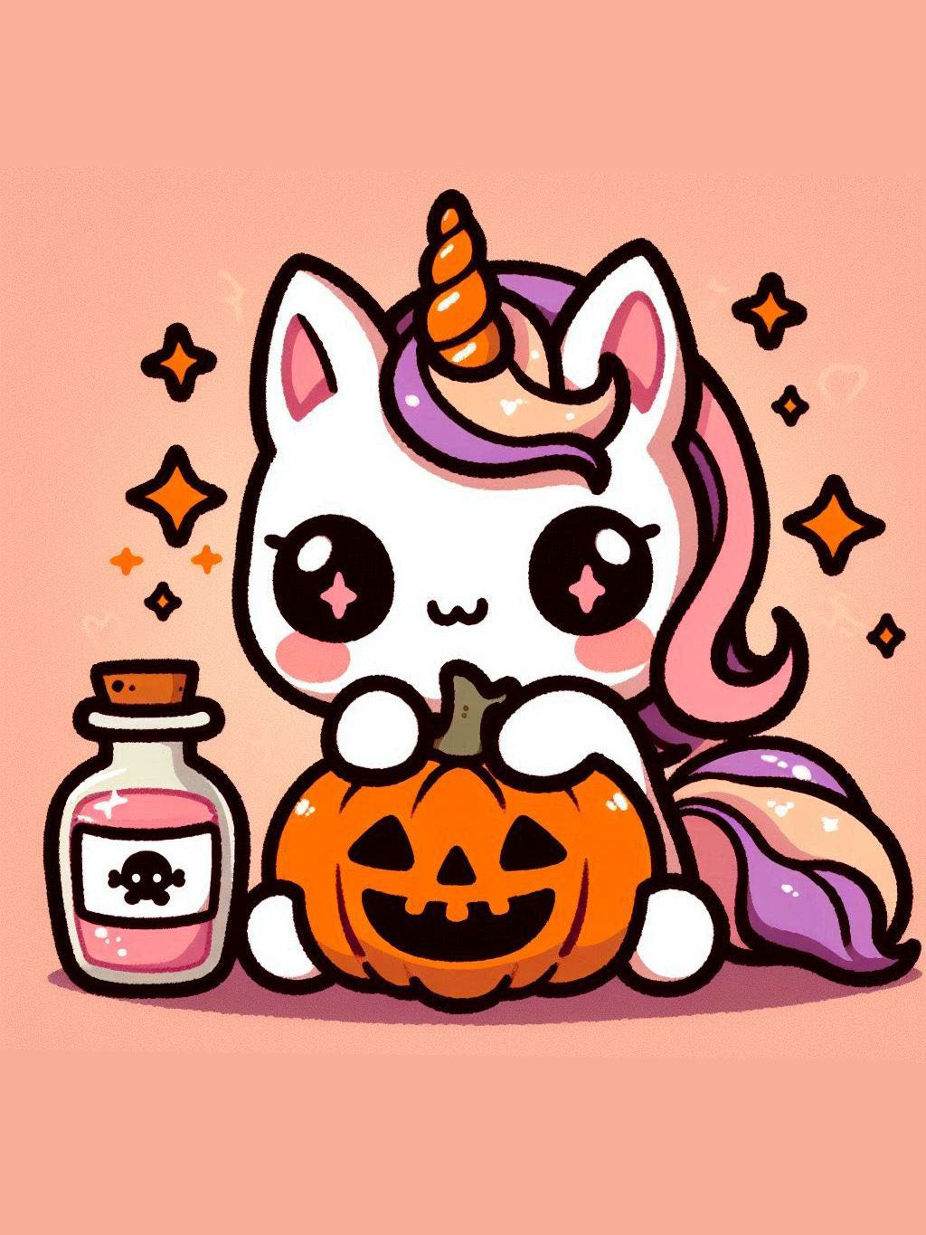 Halloween unicorn illustration ideas featuring an adorable unicorn holding a carved pumpkin and a potion bottle, surrounded by stars on a pastel background.